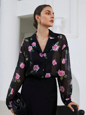 Privé Elegant Floral Print Lapel Collar V-Neck See-Through Sleeved Black Blouse