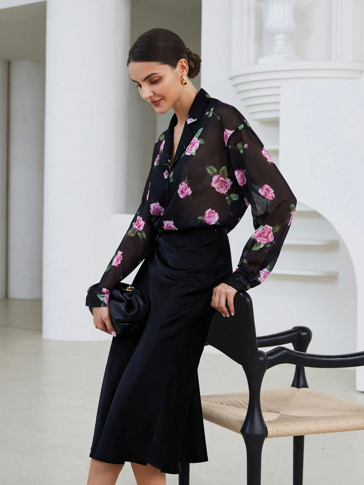 Privé Elegant Floral Print Lapel Collar V-Neck See-Through Sleeved Black Blouse