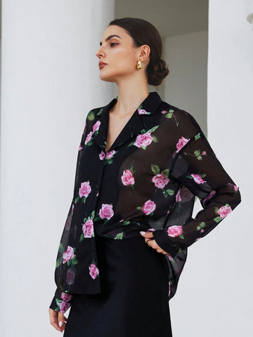 Privé Elegant Floral Print Lapel Collar V-Neck See-Through Sleeved Black Blouse