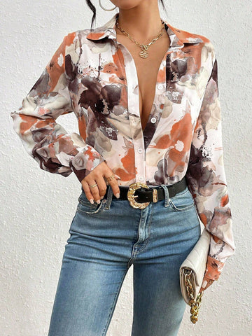 Privé Elegant Floral Print Open Front Shirt For Commuting