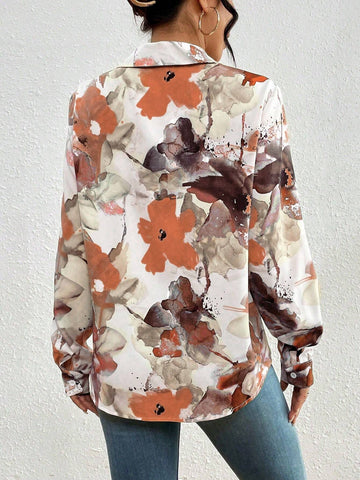 Privé Elegant Floral Print Open Front Shirt For Commuting