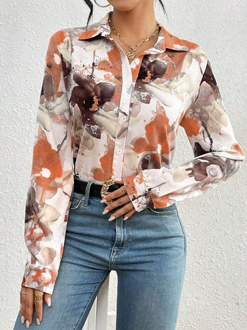 Privé Elegant Floral Print Open Front Shirt For Commuting