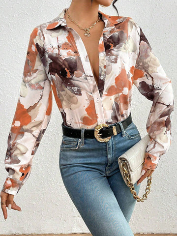 Privé Elegant Floral Print Open Front Shirt For Commuting