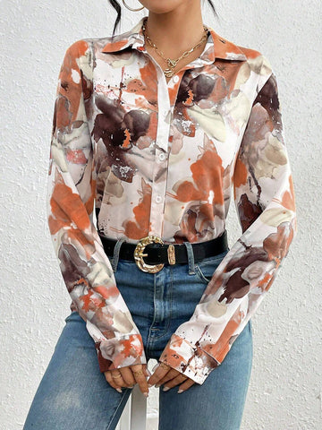 Privé Elegant Floral Print Open Front Shirt For Commuting