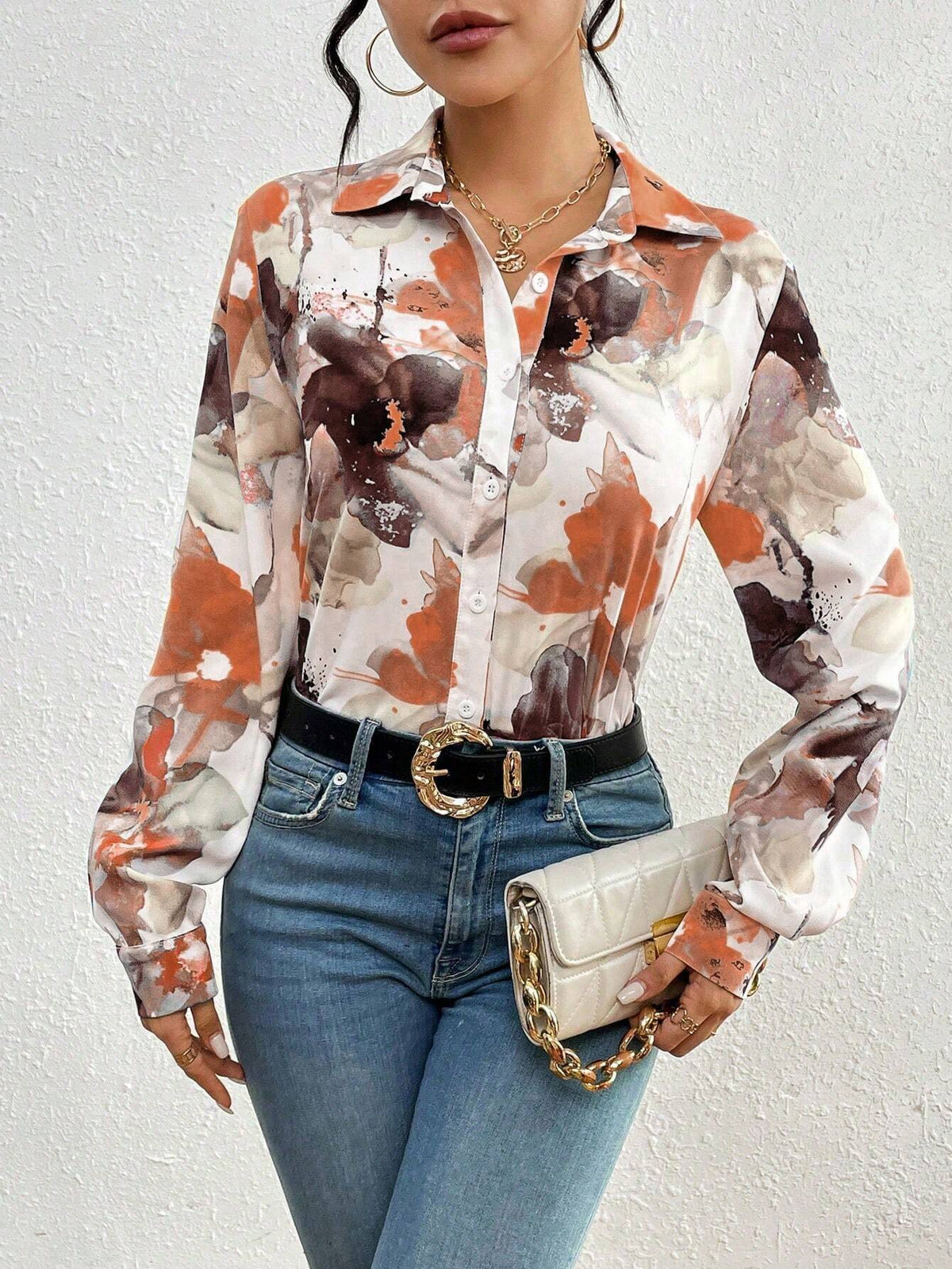 Privé Elegant Floral Print Open Front Shirt For Commuting