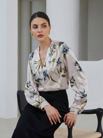 Privé Elegant Floral Print Satin Finish Long Sleeve Blouse For Women