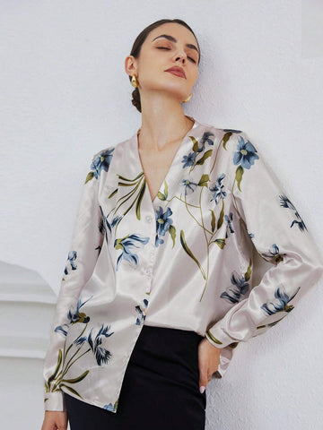 Privé Elegant Floral Print Satin Finish Long Sleeve Blouse For Women