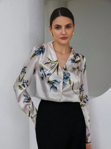 Privé Elegant Floral Print Satin Finish Long Sleeve Blouse For Women