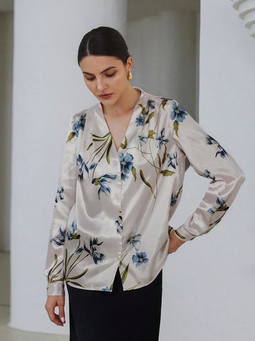 Privé Elegant Floral Print Satin Finish Long Sleeve Blouse For Women