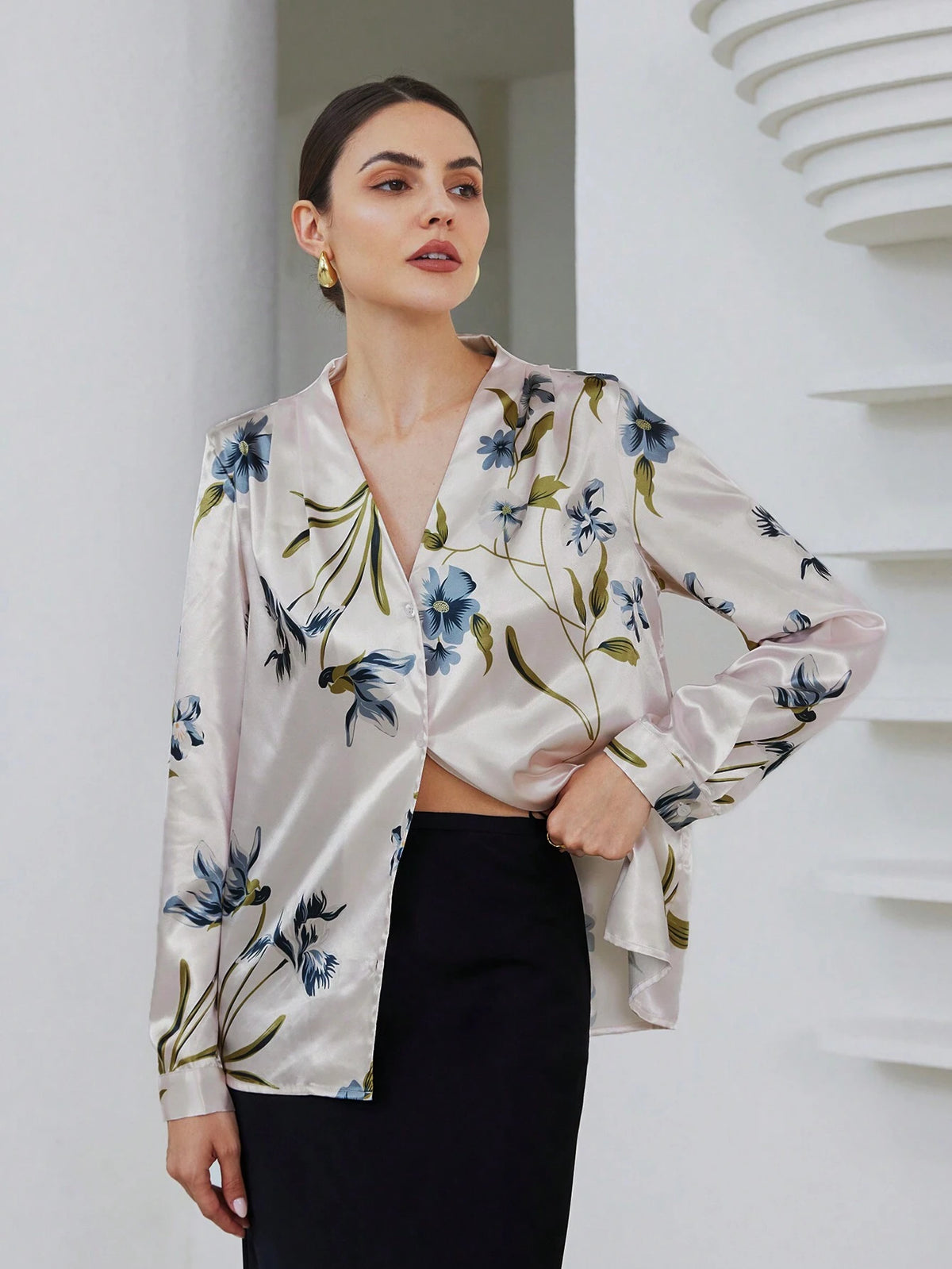 Privé Elegant Floral Print Satin Finish Long Sleeve Blouse For Women