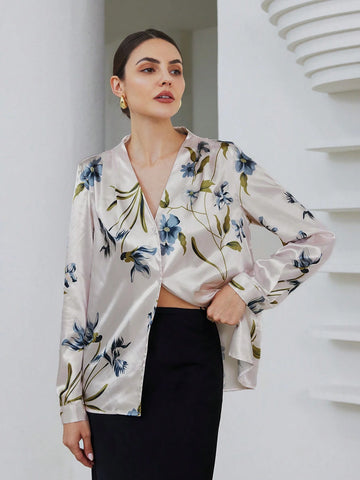 Privé Elegant Floral Print Satin Finish Long Sleeve Blouse For Women