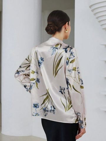 Privé Elegant Floral Print Satin Finish Long Sleeve Blouse For Women