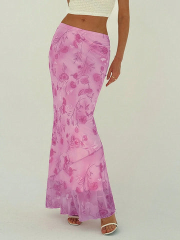 Privé Elegant Flower Print Low Waist Mermaid Long Skirt