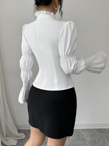 Privé Elegant French Ruffle Collar, Mushroom Button, Lantern Sleeve, Slim Fit White Blouse, Versatile For Work & Casual, Autumn/Winter