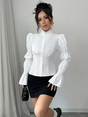 Privé Elegant French Ruffle Collar, Mushroom Button, Lantern Sleeve, Slim Fit White Blouse, Versatile For Work & Casual, Autumn/Winter