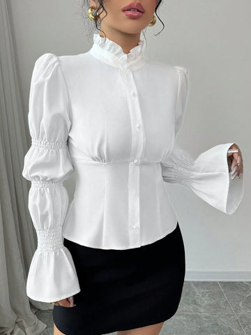 Privé Elegant French Ruffle Collar, Mushroom Button, Lantern Sleeve, Slim Fit White Blouse, Versatile For Work & Casual, Autumn/Winter