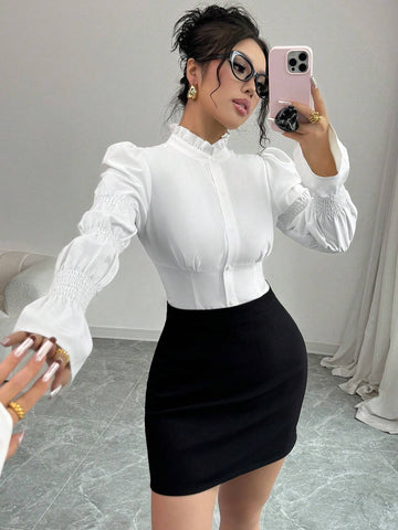 Privé Elegant French Ruffle Collar, Mushroom Button, Lantern Sleeve, Slim Fit White Blouse, Versatile For Work & Casual, Autumn/Winter