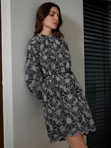 Elegant French Style Random Embroidery Asymmetrical Hem Ruffle Neck Long Sleeve Short Dress