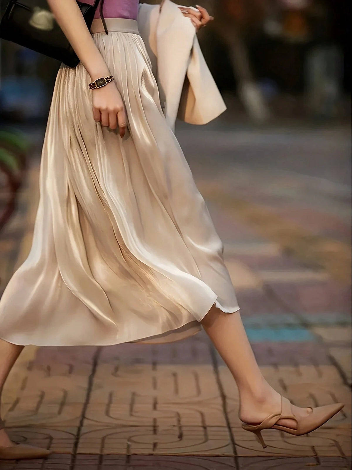 Privé Elegant Glossy Color-Blocking Waist Skirt For Spring/Summer