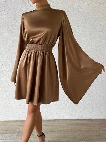 Elegant High Neck Satin Flare Sleeve Ruched Waist Midi Dress, Spring/Fall