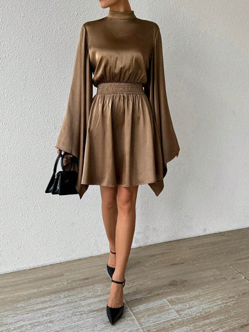 Elegant High Neck Satin Flare Sleeve Ruched Waist Midi Dress, Spring/Fall