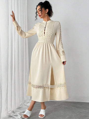 Elegant Lace Trim Split Hem Long Sleeve Dress For Women
