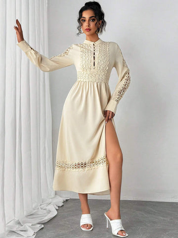Elegant Lace Trim Split Hem Long Sleeve Dress For Women