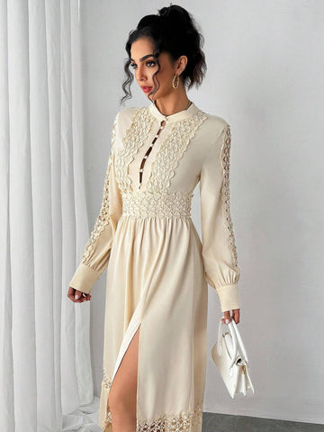 Elegant Lace Trim Split Hem Long Sleeve Dress For Women