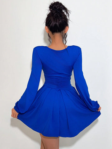 Elegant Long Sleeve V-Neck Ruched Waist Solid Color Mini Dress