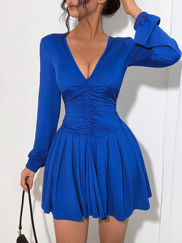 Elegant Long Sleeve V-Neck Ruched Waist Solid Color Mini Dress