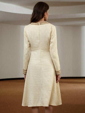 Elegant Luxurious Color-Block Floral Mesh Design V-Neck Loose Long Sleeve Dress