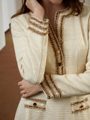Elegant Luxurious Color-Block Floral Mesh Design V-Neck Loose Long Sleeve Dress