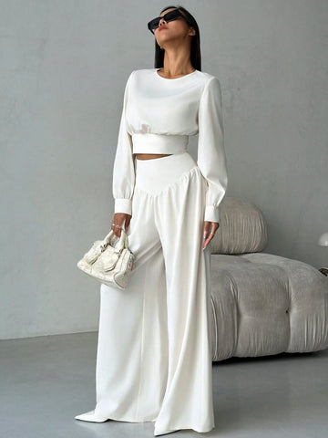 Elegant Modern Apricot Frill Shoulder Fitted Cinched Waist Cuff Blouse & High Waist Slimming Wide Leg Long Pants 2pcs Set, Autumn/Winter