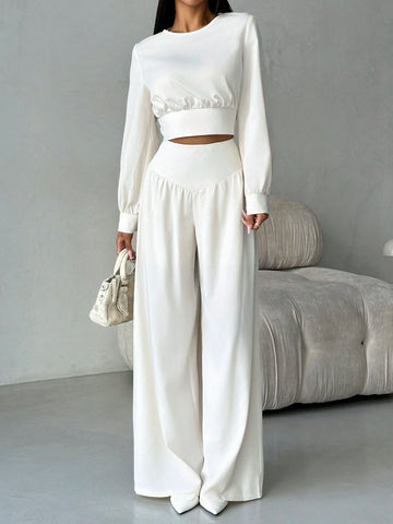 Elegant Modern Apricot Frill Shoulder Fitted Cinched Waist Cuff Blouse & High Waist Slimming Wide Leg Long Pants 2pcs Set, Autumn/Winter