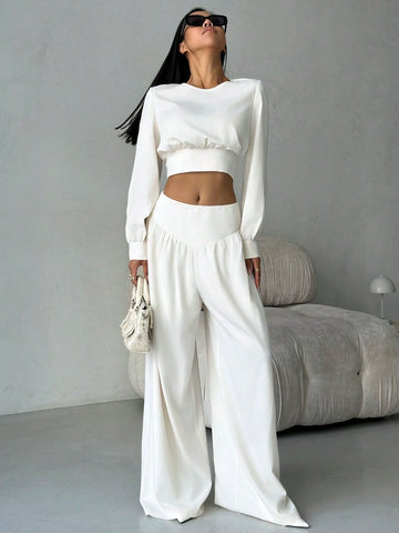 Elegant Modern Apricot Frill Shoulder Fitted Cinched Waist Cuff Blouse & High Waist Slimming Wide Leg Long Pants 2pcs Set, Autumn/Winter