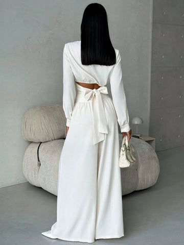 Elegant Modern Apricot Frill Shoulder Fitted Cinched Waist Cuff Blouse & High Waist Slimming Wide Leg Long Pants 2pcs Set, Autumn/Winter