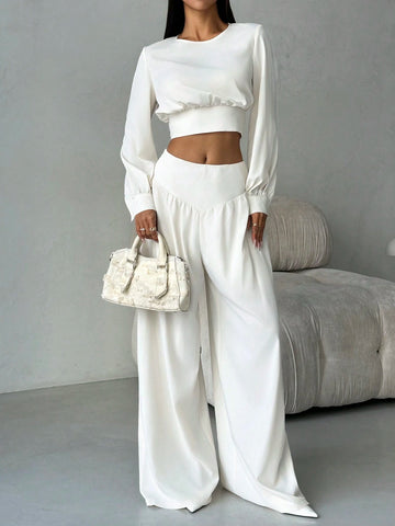 Elegant Modern Apricot Frill Shoulder Fitted Cinched Waist Cuff Blouse & High Waist Slimming Wide Leg Long Pants 2pcs Set, Autumn/Winter