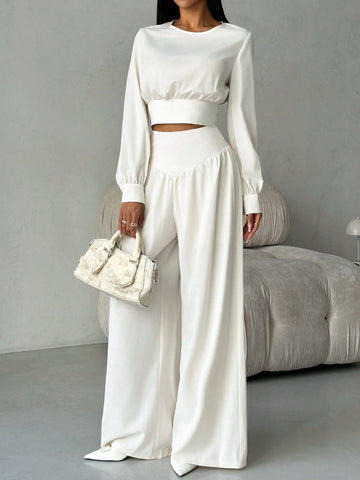 Elegant Modern Apricot Frill Shoulder Fitted Cinched Waist Cuff Blouse & High Waist Slimming Wide Leg Long Pants 2pcs Set, Autumn/Winter