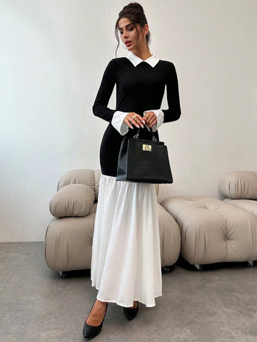 Elegant Modern Contrast Color Lapel Bell Sleeve Bodycon Black Fishtail Maxi Dress, Autumn Winter