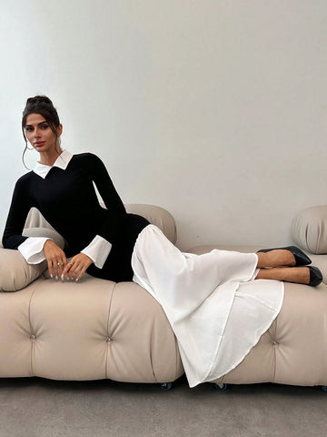 Elegant Modern Contrast Color Lapel Bell Sleeve Bodycon Black Fishtail Maxi Dress, Autumn Winter