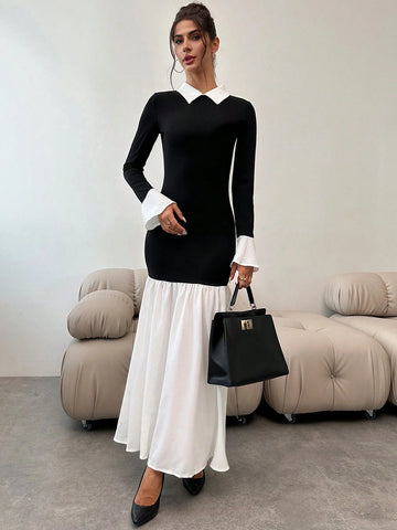 Elegant Modern Contrast Color Lapel Bell Sleeve Bodycon Black Fishtail Maxi Dress, Autumn Winter