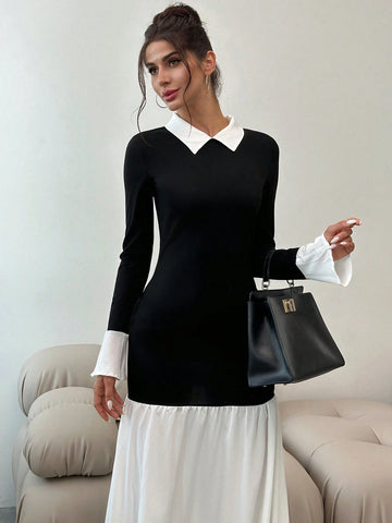 Elegant Modern Contrast Color Lapel Bell Sleeve Bodycon Black Fishtail Maxi Dress, Autumn Winter