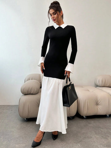 Elegant Modern Contrast Color Lapel Bell Sleeve Bodycon Black Fishtail Maxi Dress, Autumn Winter