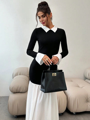 Elegant Modern Contrast Color Lapel Bell Sleeve Bodycon Black Fishtail Maxi Dress, Autumn Winter