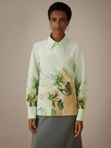Privé Elegant New Chinese Style Floral Printed Long Sleeve Shirt With Slant Placket, Spring/SummerSummer