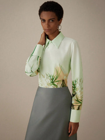 Privé Elegant New Chinese Style Floral Printed Long Sleeve Shirt With Slant Placket, Spring/SummerSummer