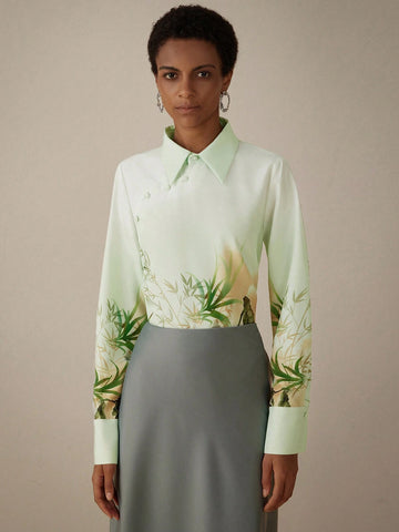 Privé Elegant New Chinese Style Floral Printed Long Sleeve Shirt With Slant Placket, Spring/SummerSummer