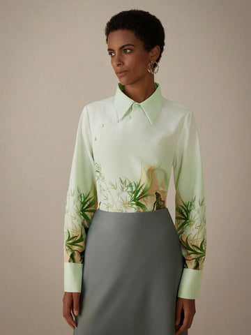 Privé Elegant New Chinese Style Floral Printed Long Sleeve Shirt With Slant Placket, Spring/SummerSummer
