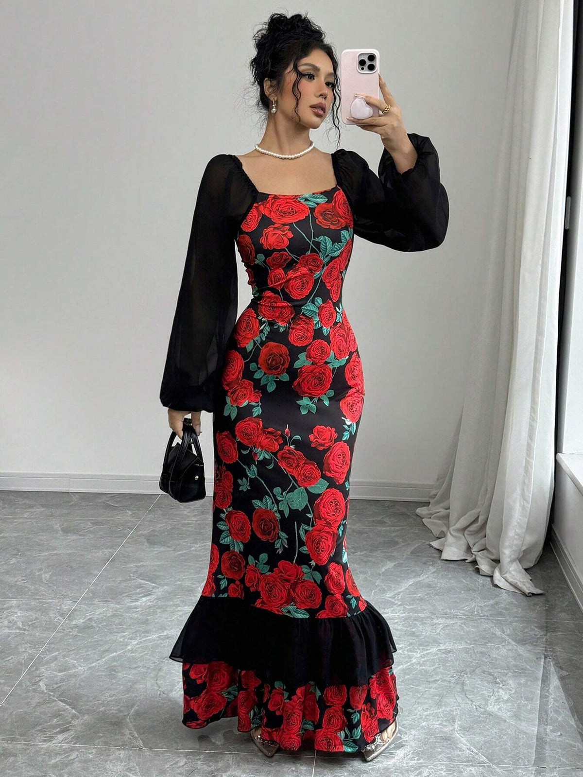 Elegant Party Rose Printed Mesh Patchwork Fishtail Dress