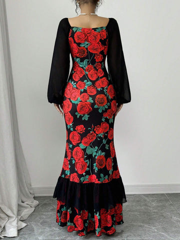 Elegant Party Rose Printed Mesh Patchwork Fishtail Dress